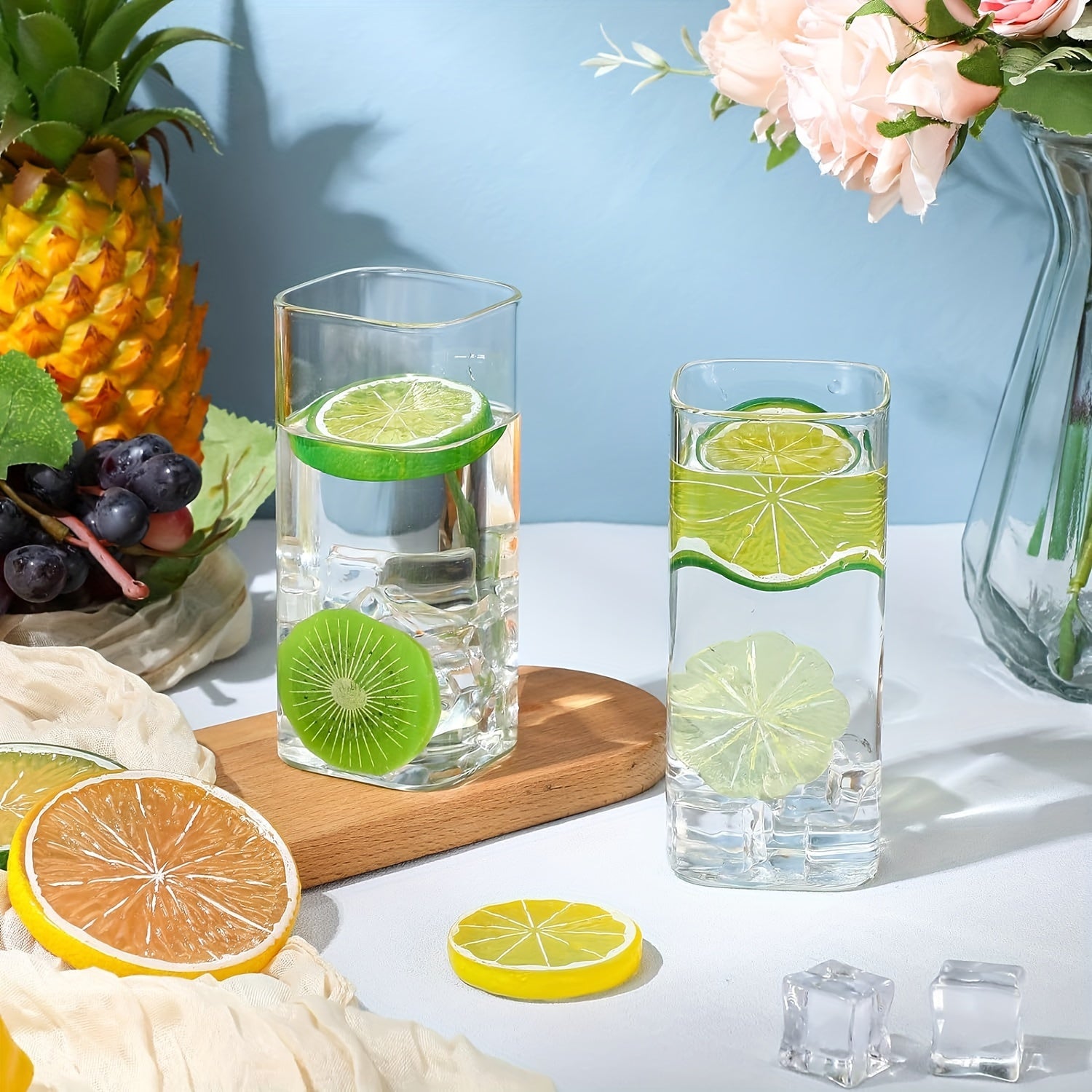 6pcs Glass Cups, 15oz Square Drinking Glasses Set, Square Glass Cups, Thin Highball Glasses Drink Tumbler Set, Clear Tall Glass Cups For Tea Iced Coffee, Water, Juice, Beer, Whiskey, Cocktails, Kitchen Party Home Bar Accessor