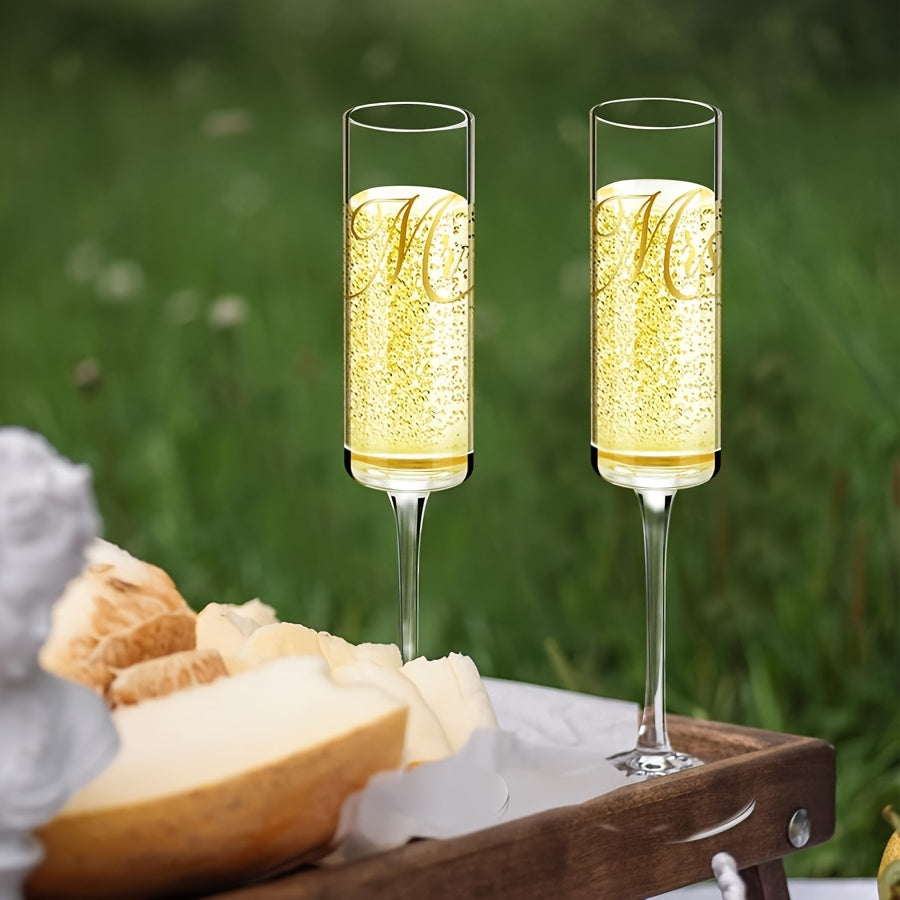 YumiPLUS 2pcs Mr & Mrs Crystal Champagne Glasses Set - Elegant Long Stem, Reusable, Insulated for Weddings, Engagements, and Special Occasions