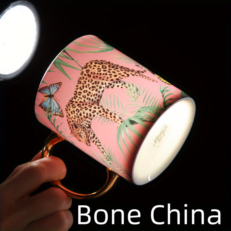 Animal Print Bone China Coffee Mug, 350ml/12.3oz Cheetah & Butterfly Design, Hand Wash Only, Insulated, Non-Slip, Reusable, Lead-Free, with Matching Spoon, for Multipurpose Use, Ideal for Christmas, Halloween, Thanksgiving, E