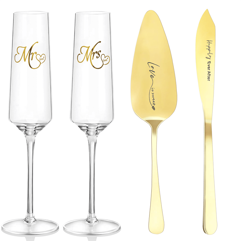 4Pcs Wedding Champagne Flutes Cake Knife And Server Set, Champagne Flutes Engraved Mr And Mrs For Wedding, Bride And Groom Toasting Flutes, Cake Cutting Set, Couples Engagement Gift Wedding Reception Supplies
