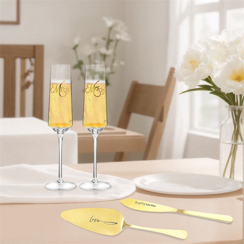 4Pcs Wedding Champagne Flutes Cake Knife And Server Set, Champagne Flutes Engraved Mr And Mrs For Wedding, Bride And Groom Toasting Flutes, Cake Cutting Set, Couples Engagement Gift Wedding Reception Supplies
