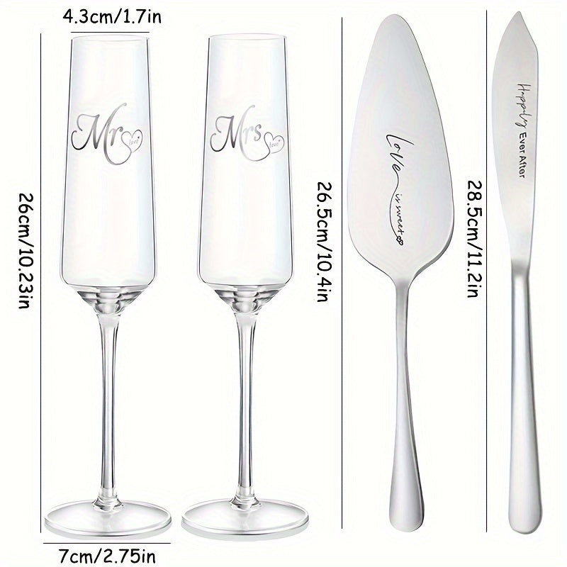 4Pcs Wedding Champagne Flutes Cake Knife And Server Set, Champagne Flutes Engraved Mr And Mrs For Wedding, Bride And Groom Toasting Flutes, Cake Cutting Set, Couples Engagement Gift Wedding Reception Supplies