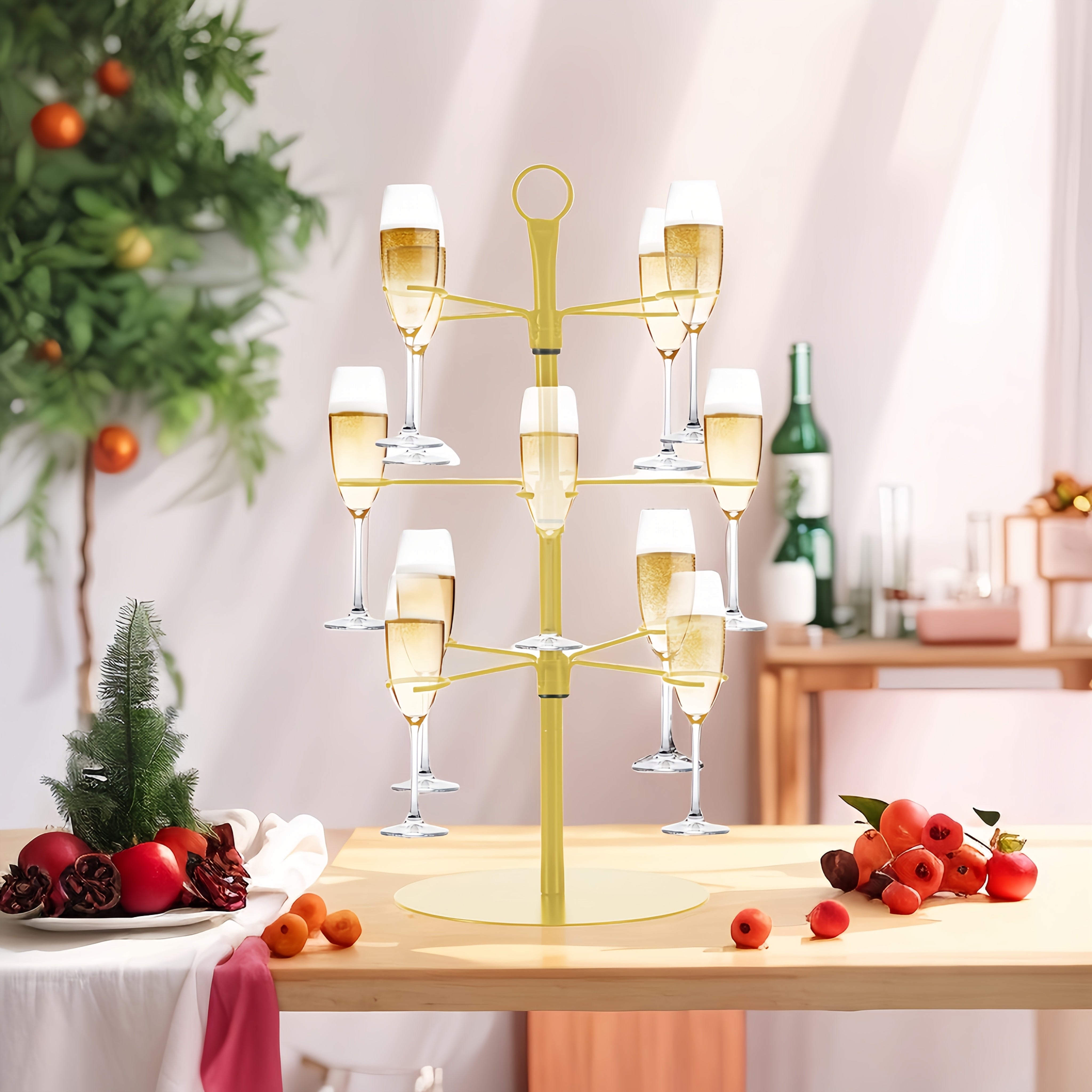 3-Tier Cast Iron Champagne Tower and Cocktail Glass Holder, Freestanding Margarita Cup Stand with Circular Base