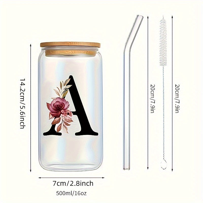 16oz Glass Coffee Mug with Bamboo Lid & Straw - A-Z Letter Design, Perfect for Office & Home Use, Ideal Birthday or Holiday Gift for Women