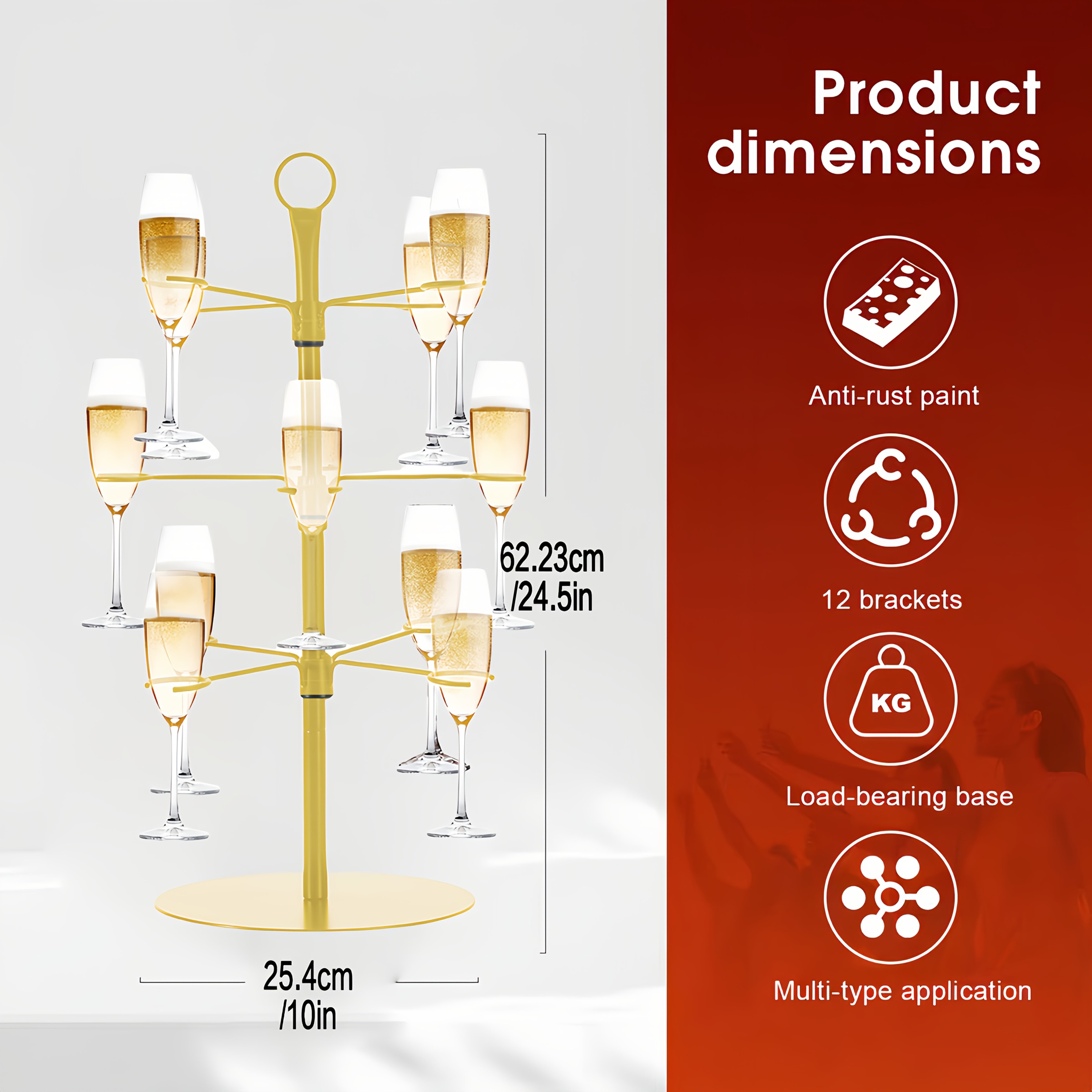 3-Tier Cast Iron Champagne Tower and Cocktail Glass Holder, Freestanding Margarita Cup Stand with Circular Base