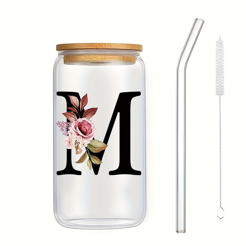 16oz Glass Coffee Mug with Bamboo Lid & Straw - A-Z Letter Design, Perfect for Office & Home Use, Ideal Birthday or Holiday Gift for Women