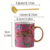 Animal Print Bone China Coffee Mug, 350ml/12.3oz Cheetah & Butterfly Design, Hand Wash Only, Insulated, Non-Slip, Reusable, Lead-Free, with Matching Spoon, for Multipurpose Use, Ideal for Christmas, Halloween, Thanksgiving, E