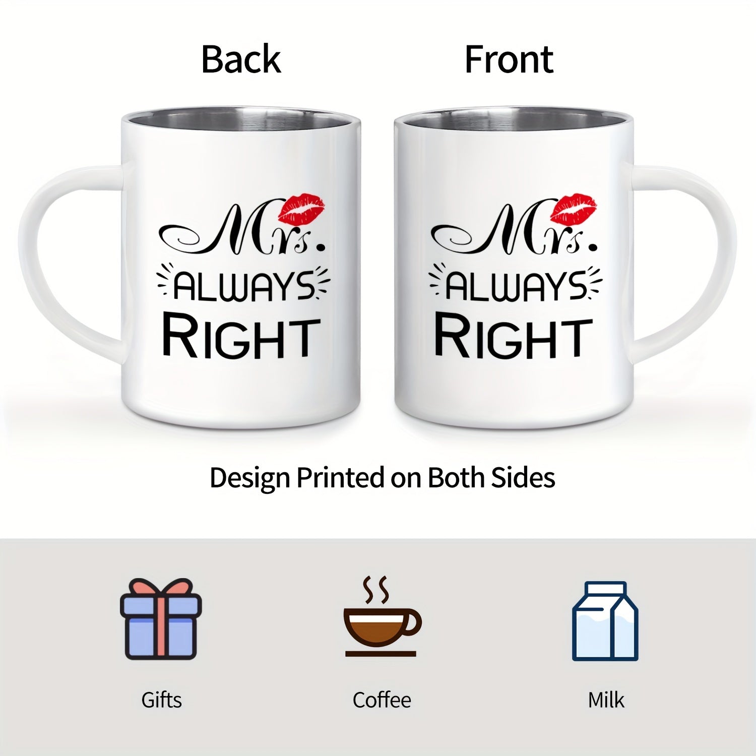 Mr. Right & Mrs. Always Right" 11oz Stainless Steel Coffee Mug - Reusable, BPA-Free Metal Cup with Handle for Couples - Perfect Gift for Anniversary, Valentine's Day, Birthday, Christmas