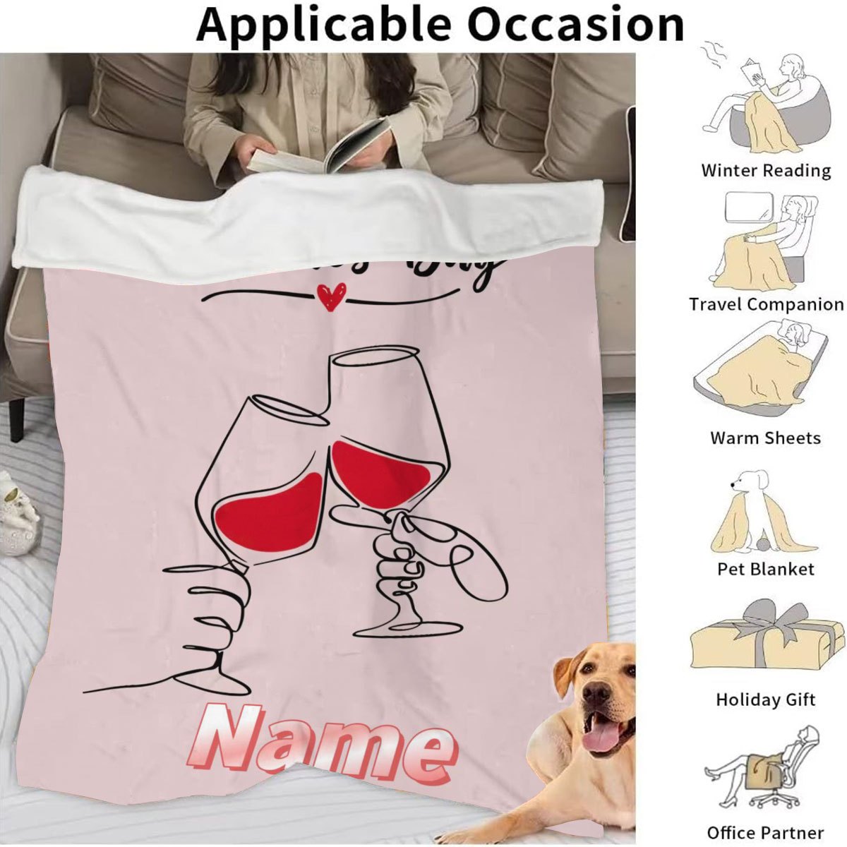 Personalized Valentine's Day Fleece Blanket with Wine Glasses Design - Custom Name Option, Soft & Allergy-Free Flannel, Ideal Gift for Spouse on St. Patrick's Day or Valentine's Day, Cozy Digital Print Throw for Couch & Bed