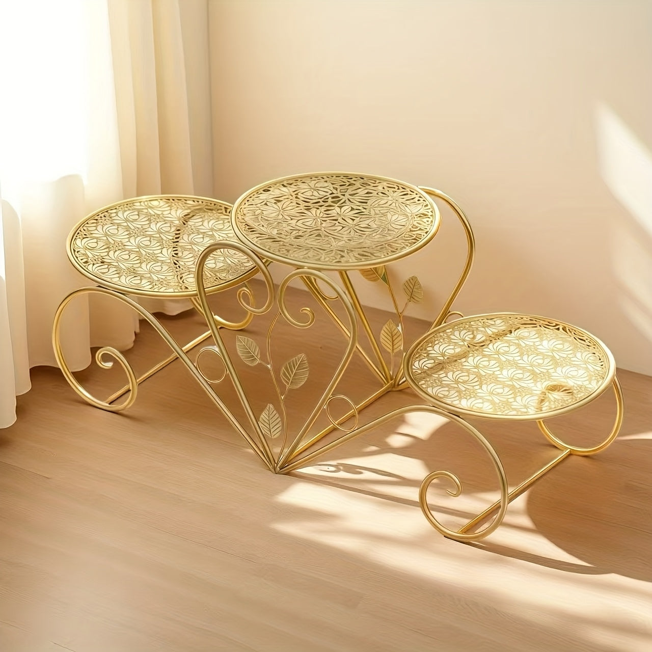 Sturdy Iron 3-Tier Decorative Stand with Curved Legs & Ornamental Leaf-like Patterns - Golden Metal Display Tray for Coffee Table, Wedding, Birthday, Christmas, Thanksgiving - Reusable Non-Food Serving Centerpiece