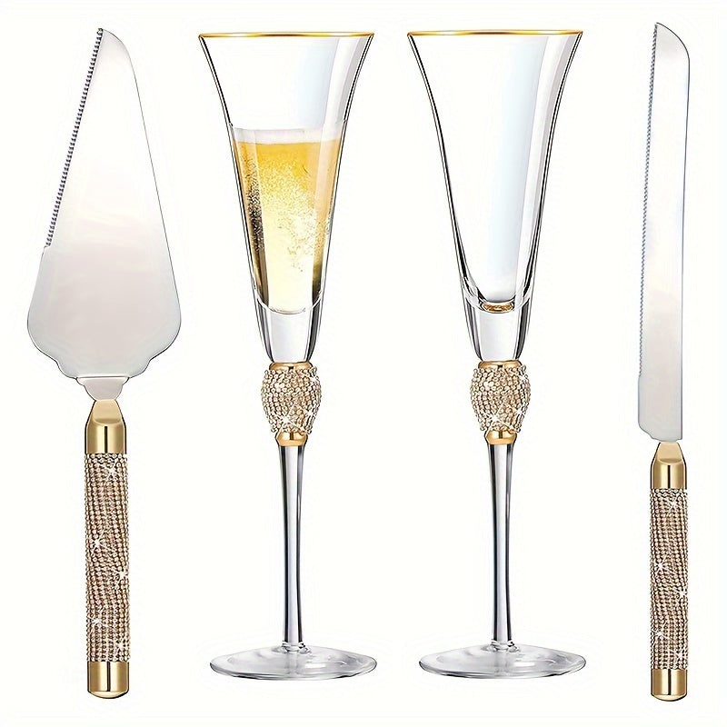 4Pcs/Set,Wedding Champagne Flutes And Cake Knife Server Set, Champagne Flutes Glasses Mr And Mrs Gifts, Cake Cutting Set For Wedding, Bride And Groom Toasting Glasses, Wedding Reception Supplies,for Couple Anniversary Bride S