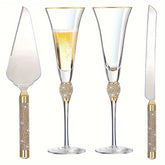 4Pcs/Set,Wedding Champagne Flutes And Cake Knife Server Set, Champagne Flutes Glasses Mr And Mrs Gifts, Cake Cutting Set For Wedding, Bride And Groom Toasting Glasses, Wedding Reception Supplies,for Couple Anniversary Bride S