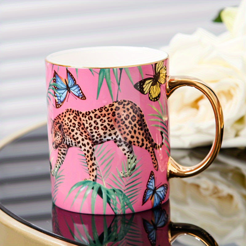 Animal Print Bone China Coffee Mug, 350ml/12.3oz Cheetah & Butterfly Design, Hand Wash Only, Insulated, Non-Slip, Reusable, Lead-Free, with Matching Spoon, for Multipurpose Use, Ideal for Christmas, Halloween, Thanksgiving, E
