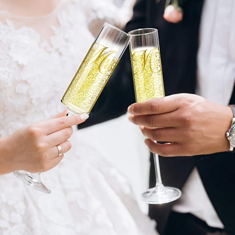 YumiPLUS 2pcs Mr & Mrs Crystal Champagne Glasses Set - Elegant Long Stem, Reusable, Insulated for Weddings, Engagements, and Special Occasions