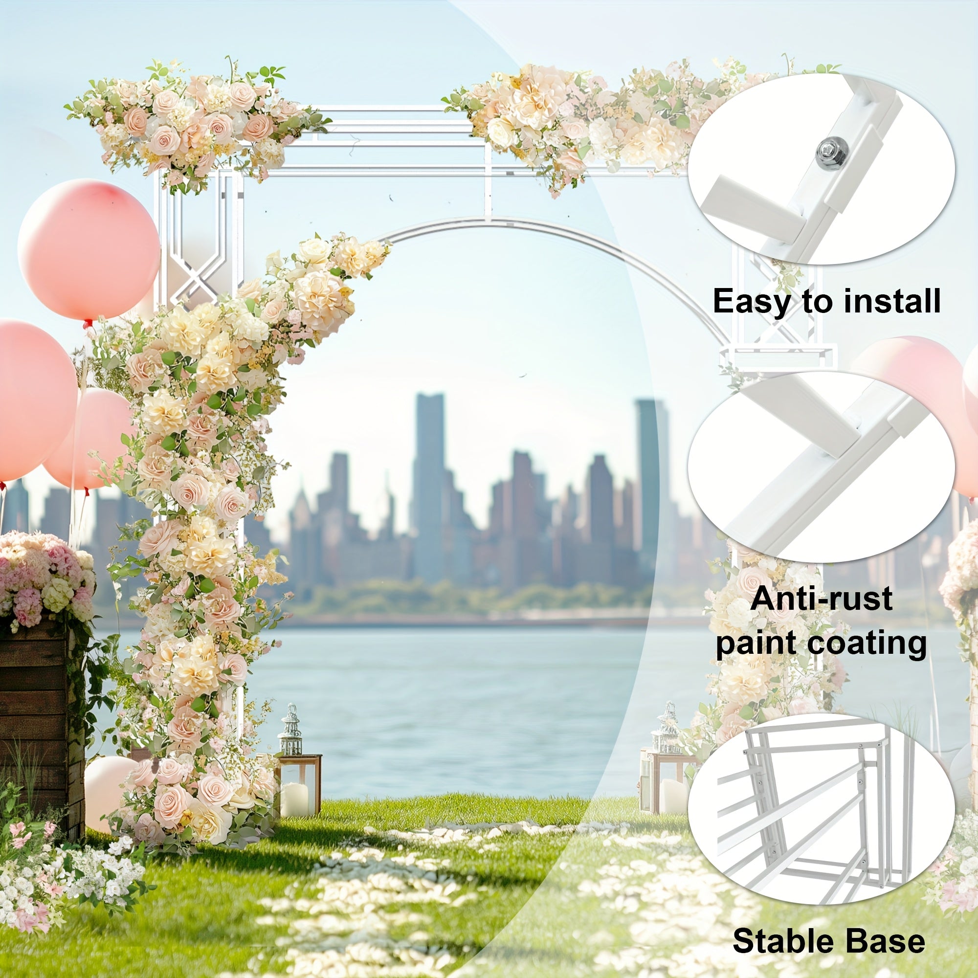 260*259cm Heavy Duty Metal Wedding Arch Backdrop Stand - Large Square Garden Arbor with Sturdy Base, Elegant & Golden Floral Design