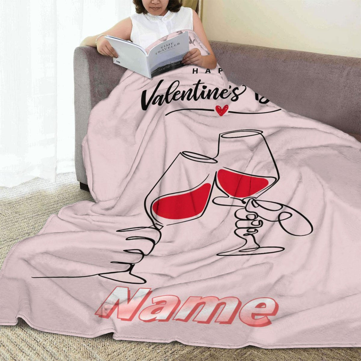 Personalized Valentine's Day Fleece Blanket with Wine Glasses Design - Custom Name Option, Soft & Allergy-Free Flannel, Ideal Gift for Spouse on St. Patrick's Day or Valentine's Day, Cozy Digital Print Throw for Couch & Bed