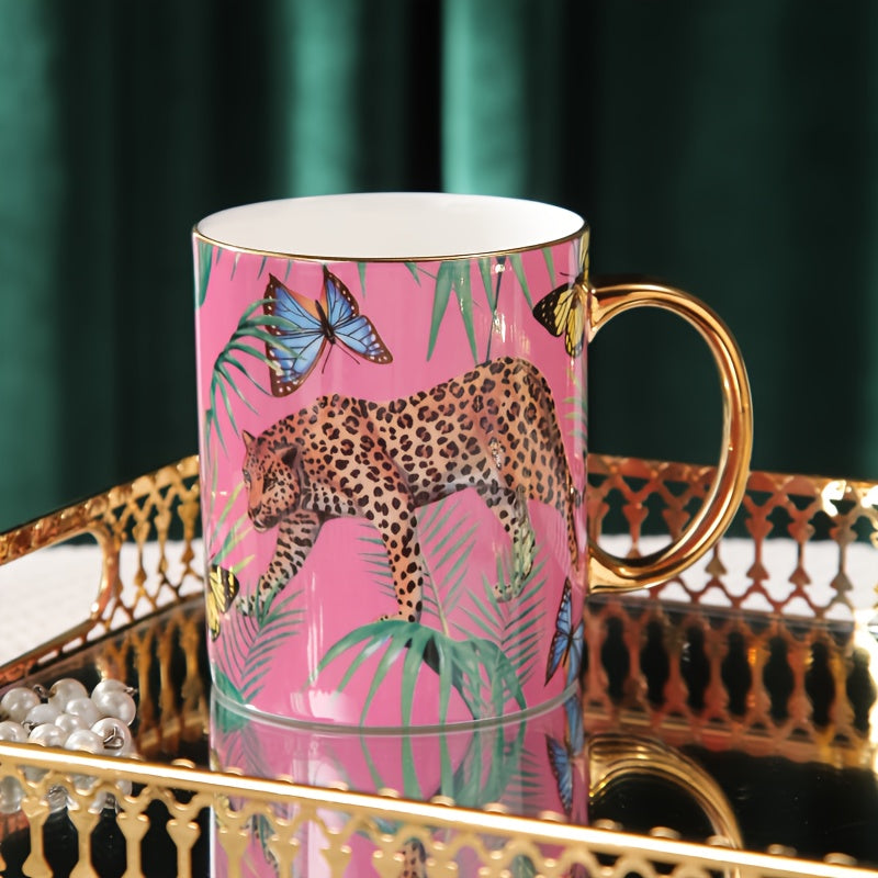 Animal Print Bone China Coffee Mug, 350ml/12.3oz Cheetah & Butterfly Design, Hand Wash Only, Insulated, Non-Slip, Reusable, Lead-Free, with Matching Spoon, for Multipurpose Use, Ideal for Christmas, Halloween, Thanksgiving, E