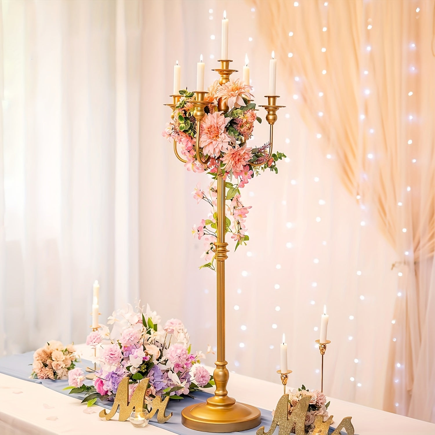 1pc Elegant 5-Arms Golden Metal Candelabra, Floor Mount Floral Centerpiece Stand