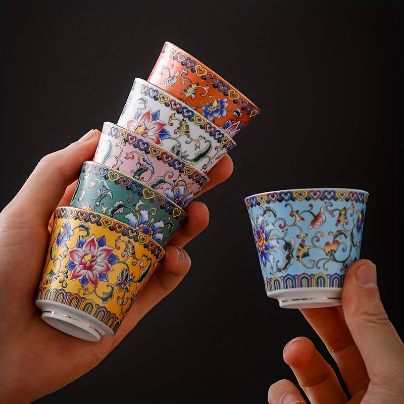 Timeless Appeal, Elegant Floral Enamel Tea Cup Set - 6 Ceramic Tea Cups with Gift Box, Reusable & Handwash Only, Perfect for Home, Office, and Restaurant Use