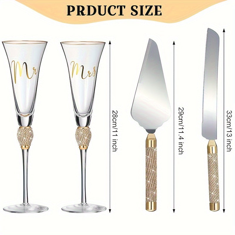 4pcs/Set, Wedding Cake Knife And Sever Set, Wedding Champagne Flutes With Mr And Mrs Letter, Crystal Champagne Glasses Cake Knife Pie Server For Bride And Groom, Cake Cutting Set For Wedding, Great Gifts For Couple Anniversar