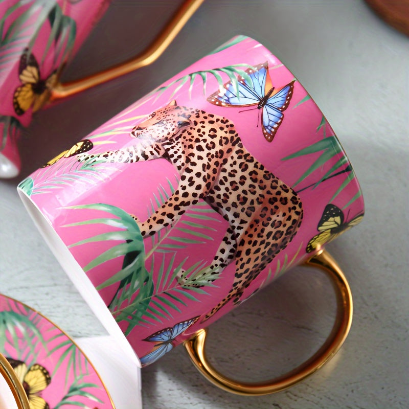 Animal Print Bone China Coffee Mug, 350ml/12.3oz Cheetah & Butterfly Design, Hand Wash Only, Insulated, Non-Slip, Reusable, Lead-Free, with Matching Spoon, for Multipurpose Use, Ideal for Christmas, Halloween, Thanksgiving, E