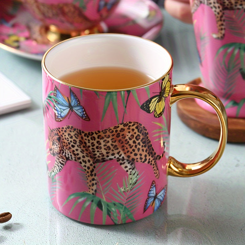 Animal Print Bone China Coffee Mug, 350ml/12.3oz Cheetah & Butterfly Design, Hand Wash Only, Insulated, Non-Slip, Reusable, Lead-Free, with Matching Spoon, for Multipurpose Use, Ideal for Christmas, Halloween, Thanksgiving, E