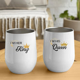 2pcs 12oz Cute Wine Glasses with Lid Printed with I'M HIS Queen/HER King Pattern, Stainless Steel Coffee Cups, Suitable for Christmas and Valentine's Day Gifts for Your Partner