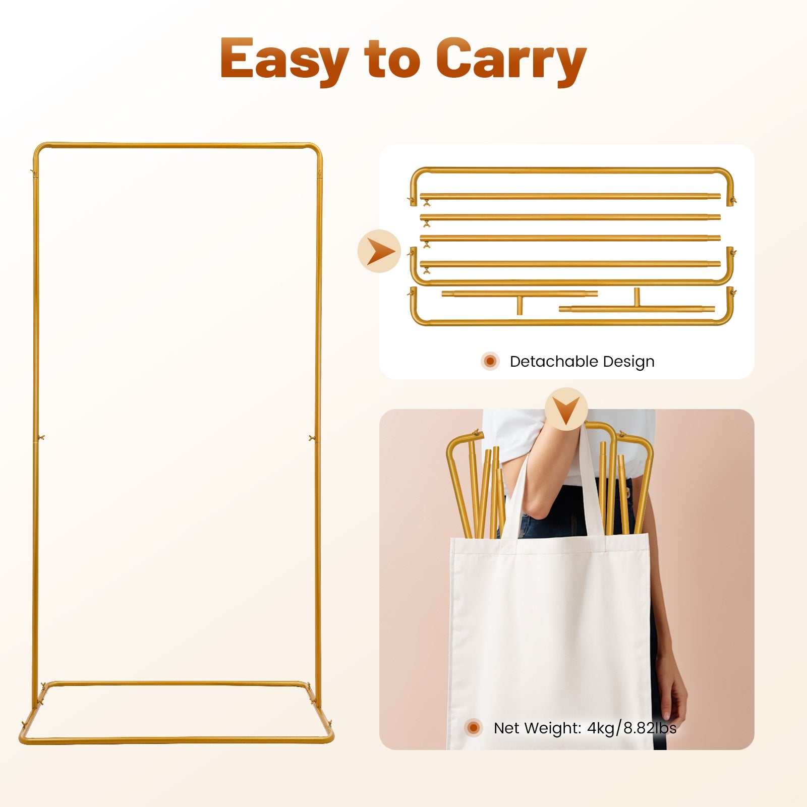 2 x 1.05m Wedding Flower Stand 22mm Round Tube Golden, Wear-Resistant and Rustproof, 7.98 KG Load Capacity, Easy to Move with Widened Rectangular Base 41.33×24.4in, Suitable for Garden Decorations, Wedding Arrangements, Outd
