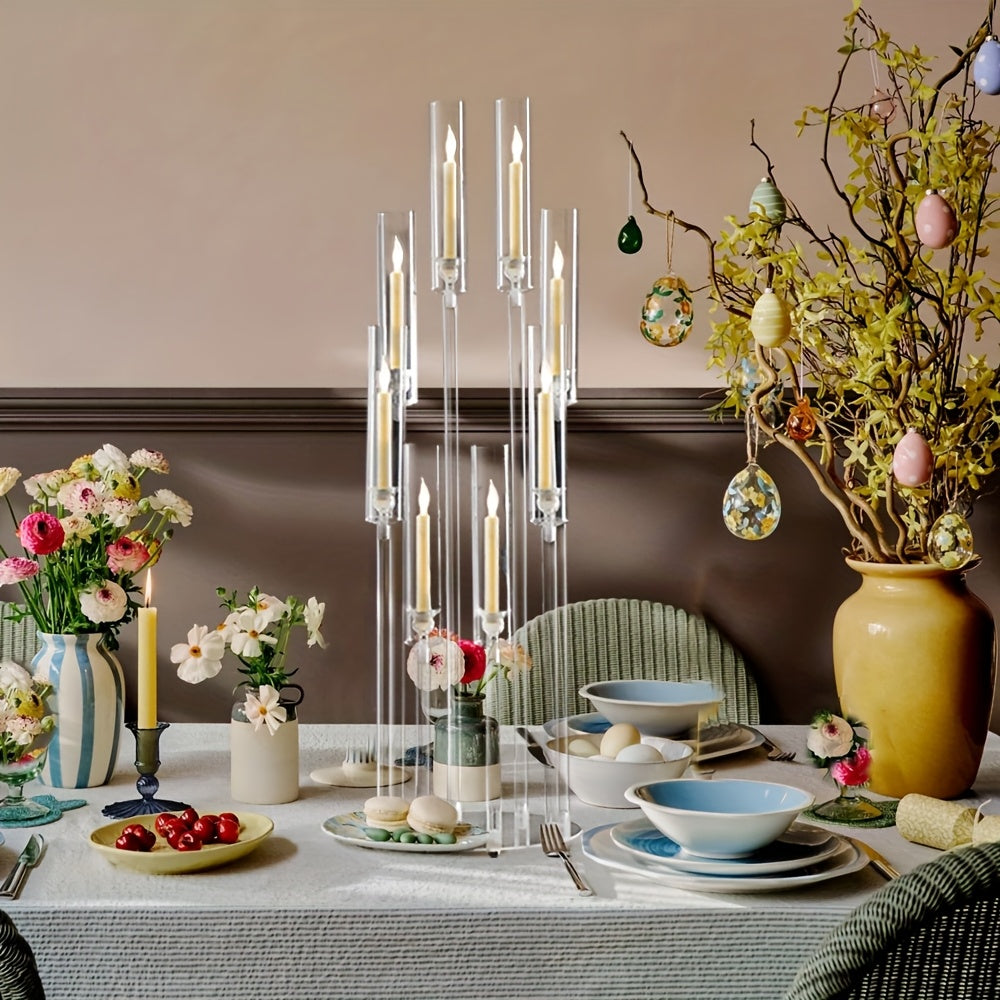 4pcs (4 Total Holders) - Modern Clear Acrylic Candleabra with 8 Arms, Tiered Heights, Stable Base - Elegant Centerpiece for Wedding, Dining Table, Party, Fireplace - Easy Assembly & Space-Saving Design - Ideal for Home or Eve