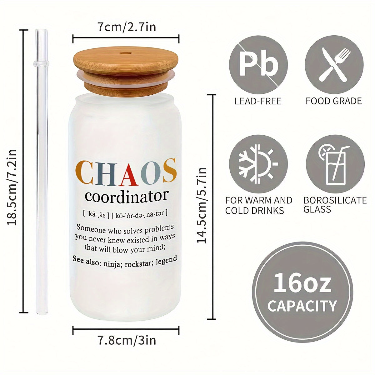 Chaos Coordinator 16oz Glass Tumbler with Bamboo Lid and Straw - English Alphabet Print, Hand Wash Only, Glass Canister for Juice, Iced Coffee, Multipurpose - Reusable & Recyclable Glass Jar, Ideal for Birthday Gifts, New Yea