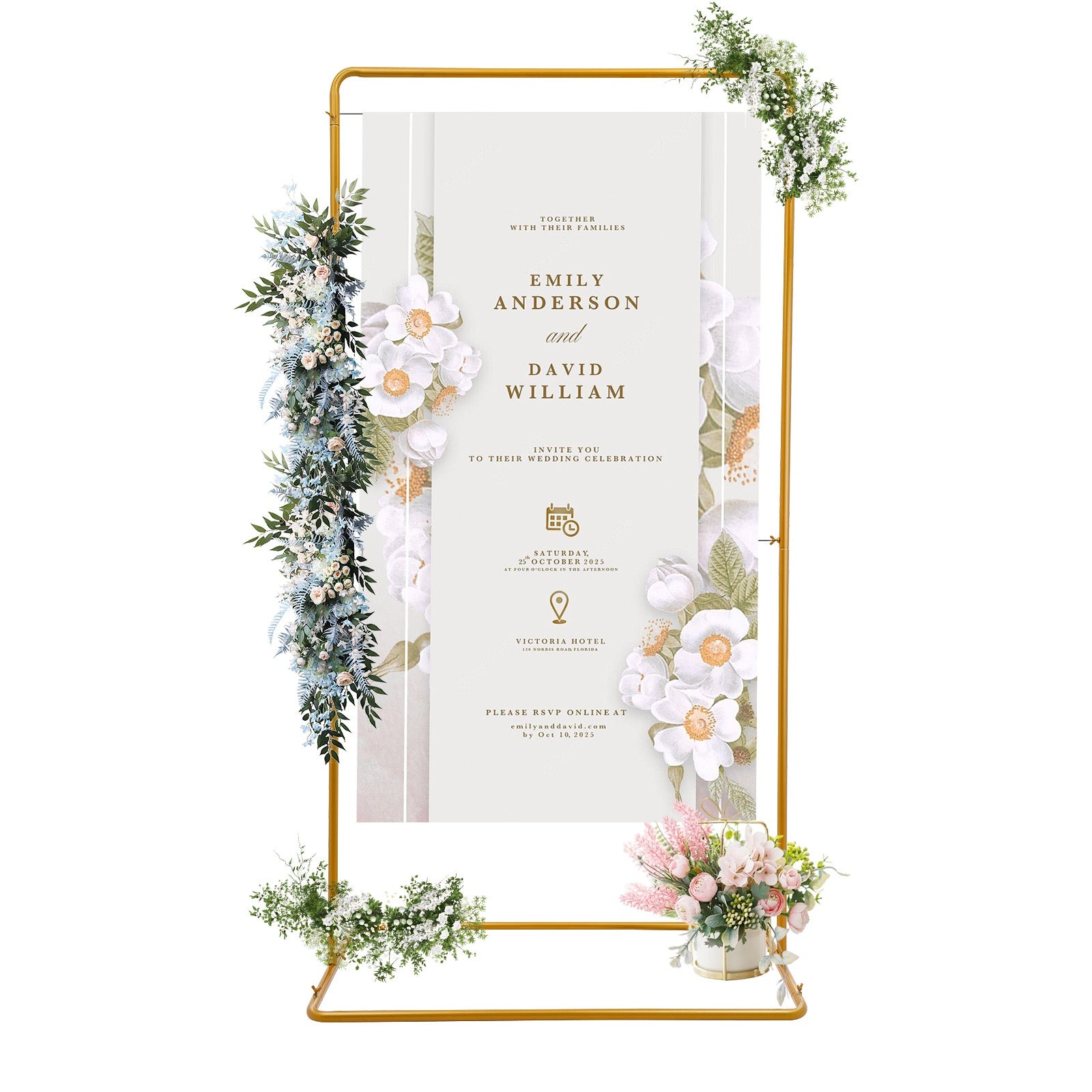 2 x 1.05m Wedding Flower Stand 22mm Round Tube Golden, Wear-Resistant and Rustproof, 7.98 KG Load Capacity, Easy to Move with Widened Rectangular Base 41.33×24.4in, Suitable for Garden Decorations, Wedding Arrangements, Outd