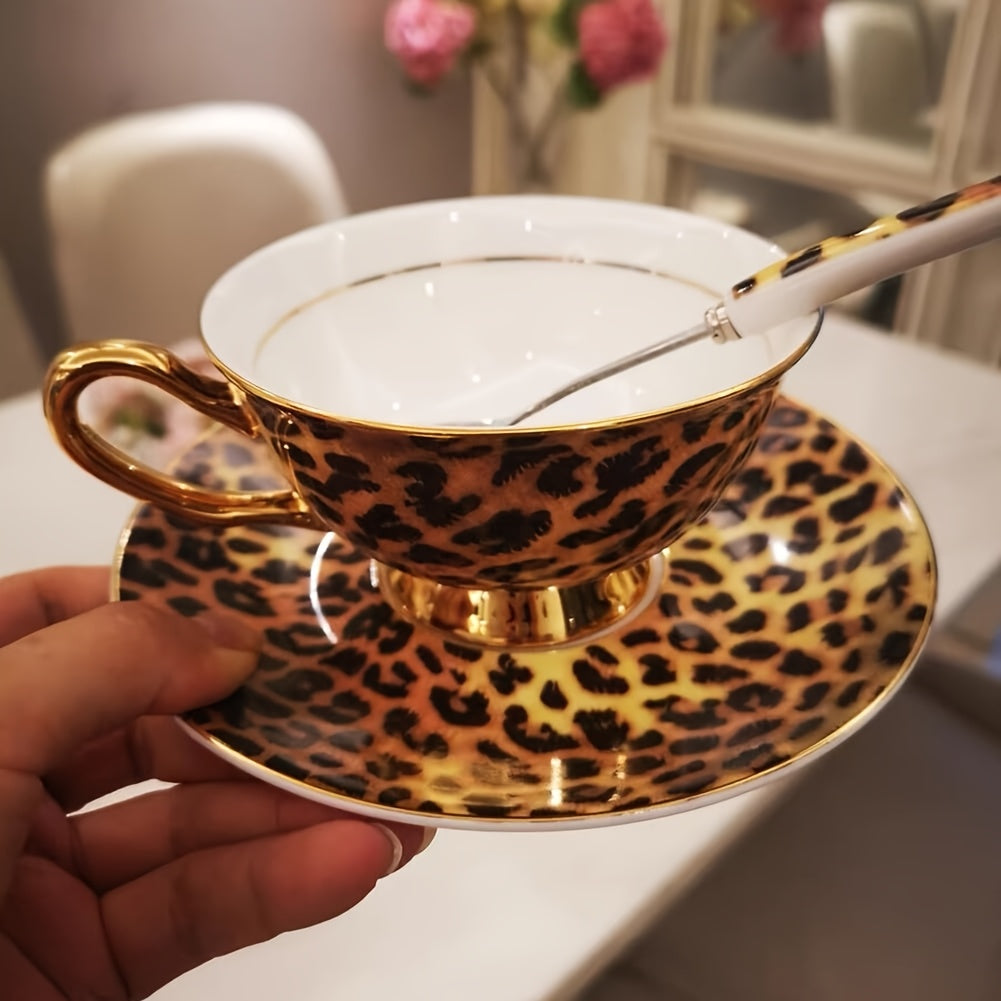 1pc/2pcs Leopard Print Cup and Saucer Set European Luxury Gold Plated European Bone Porcelain Coffee Cup Bone Porcelain Tea Cup with Matching Tea Saucer, Refrigerator Safe, Reusable, Multi-purpose - Ideal Home Decoration, Mot
