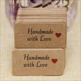 100pcs Kraft Paper Tags with Strings Handmade with Love Hang Tags Garment Tags for Candy/Gift/Cookies Display Packing Label Card