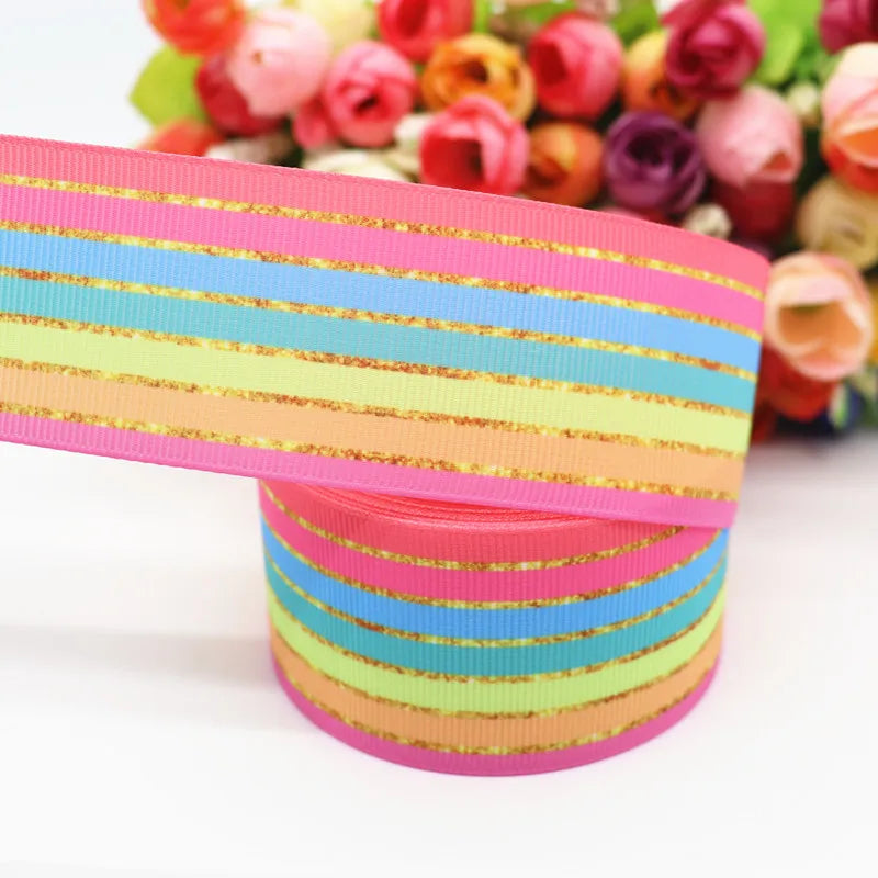 10 yards 7/8" (22mm), 1.5" 38mm rainbow stripe printed grosgrain ribbons cartoon ribbon diy hair bow WQ14062822