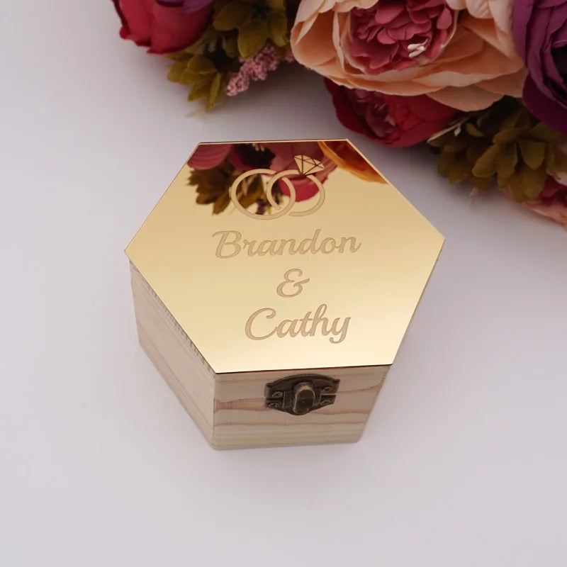 Double Rings Style Hexagon Shape Box Acrylic Mirror Cover Custom Name Party Gift Wood Boxes Candy Holder Display Decor