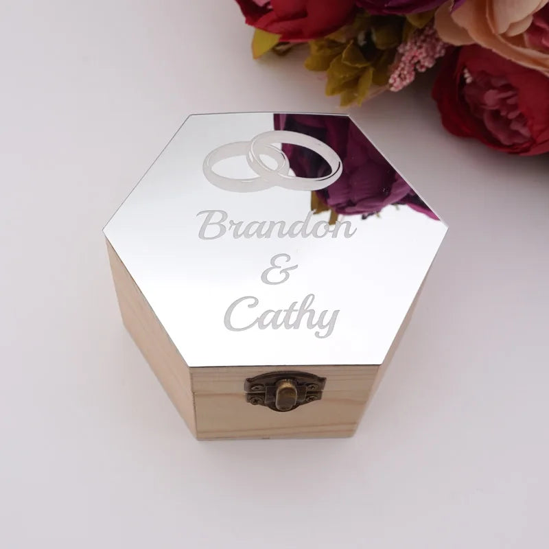 Double Rings Style Hexagon Shape Box Acrylic Mirror Cover Custom Name Party Gift Wood Boxes Candy Holder Display Decor