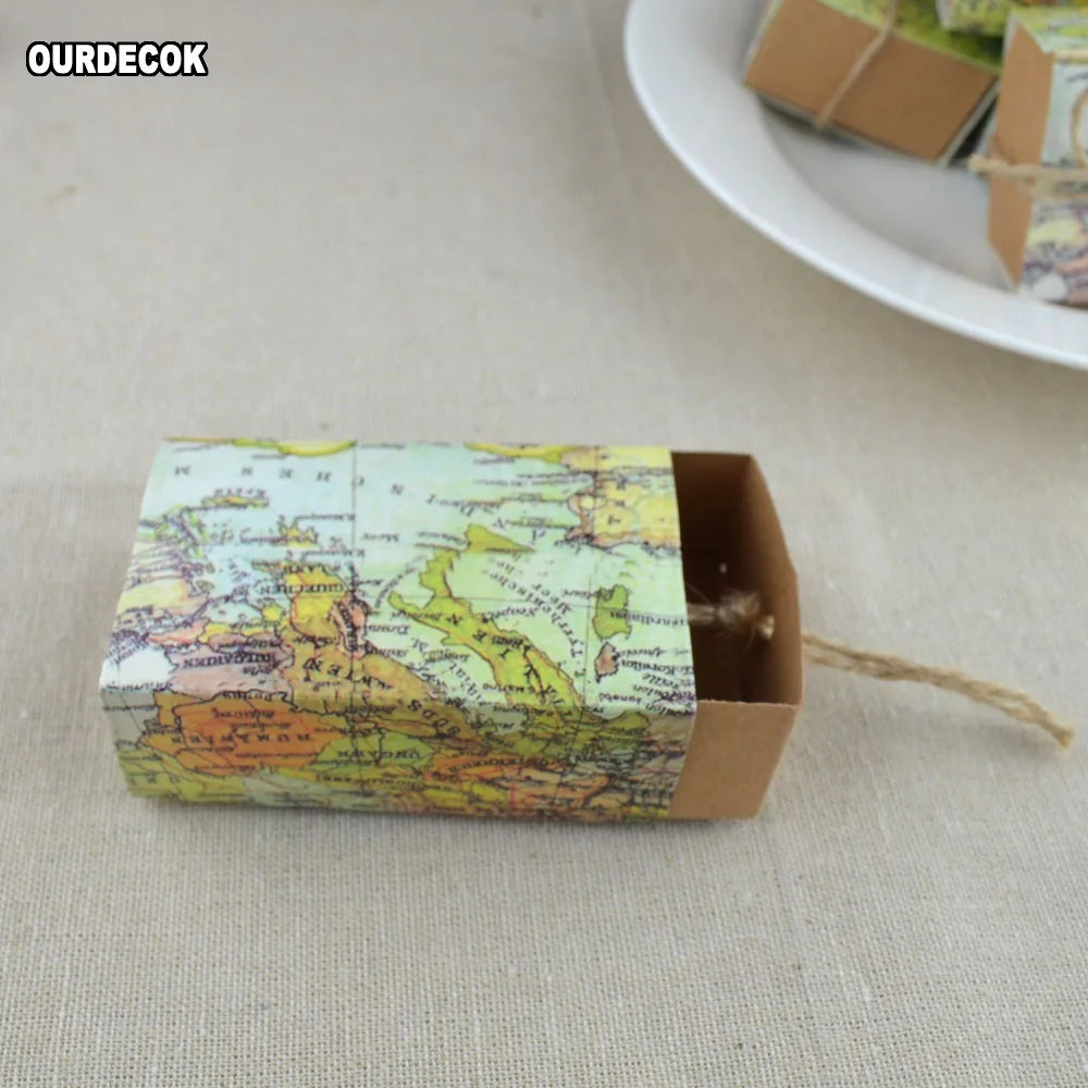 25 Pcs/lot World Map Cuboid Wedding Paper Favor Candy Boxes Gift Boxes with String Wedding Birthday Party supply For Christmas