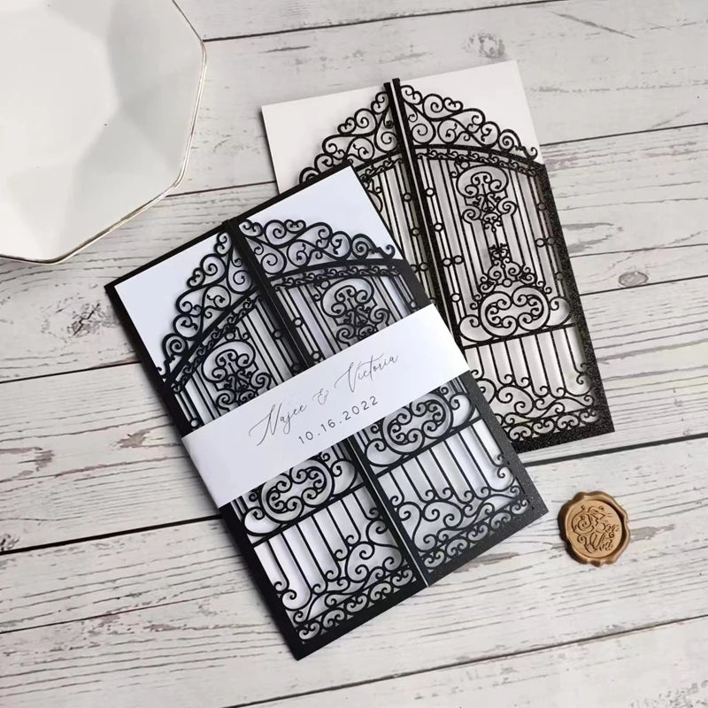 10 Pieces Laser Cut Wedding Gate Love Door Invitation Card Black Pink Gold Engagement Party Greeting Invitations IC165