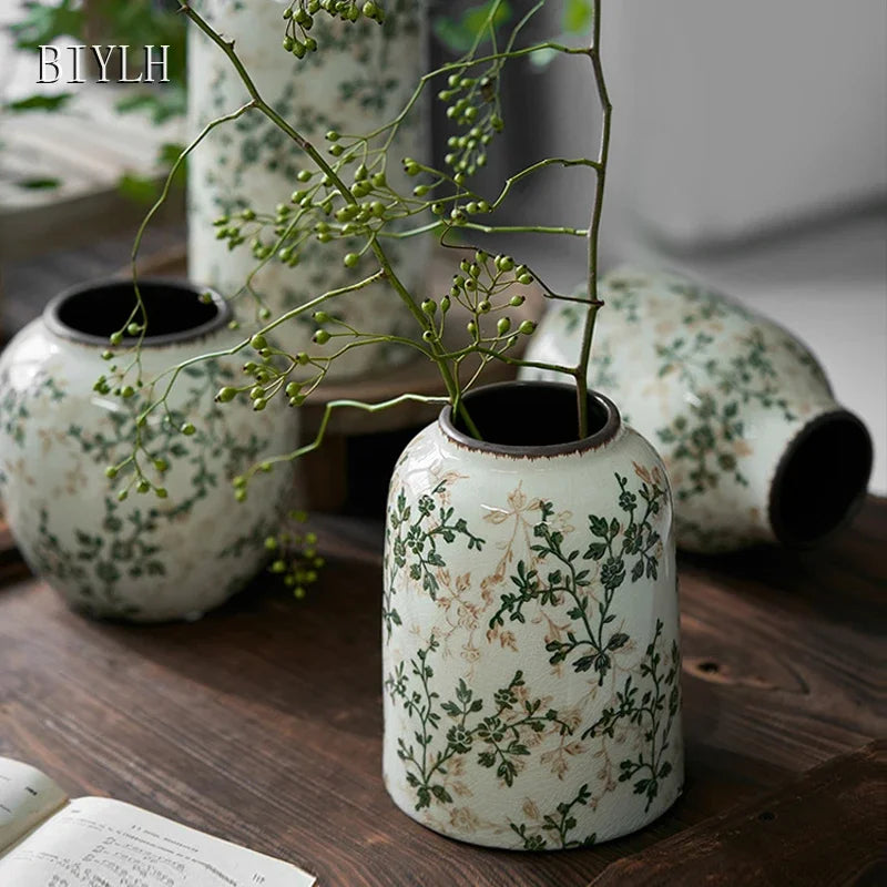 New Ceramic Vase Pastoral Style Green Flowers Ice Cracked Ceramic Vase Home Decoration Living Room Porch Hydroponic Plant Vase