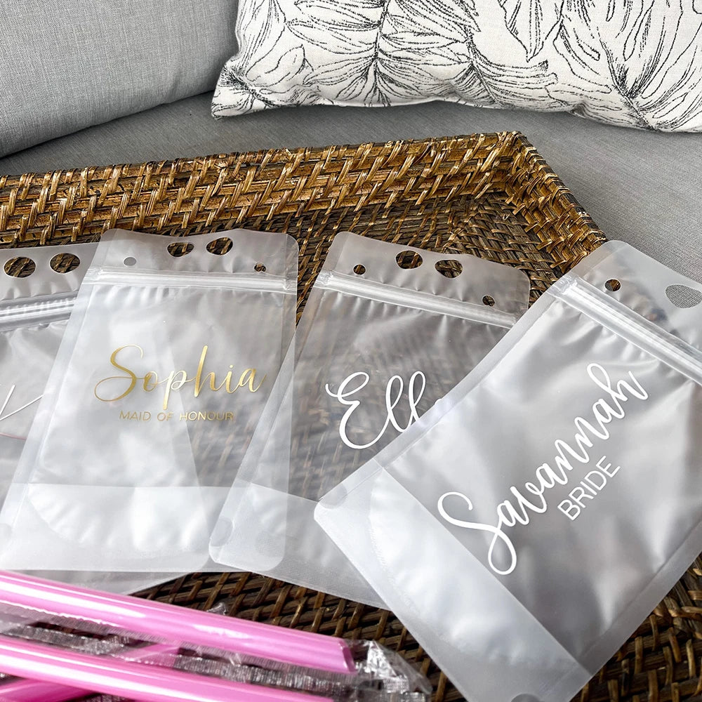 Personalized Drink Pouch Bridal Party Favors Portable Disposable Frosted Liquid Juice Self-Sealing Hot Cold Beverage Booze Bag
