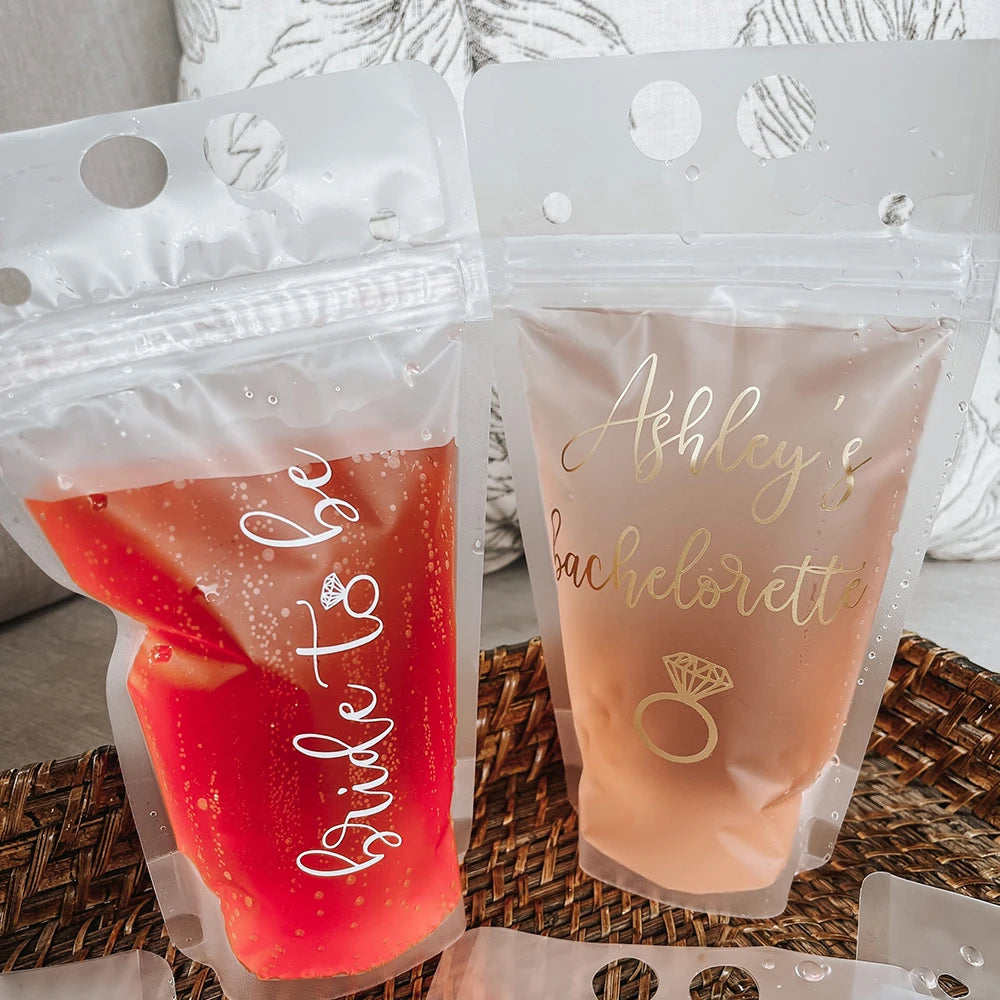Personalized Drink Pouch Bridal Party Favors Portable Disposable Frosted Liquid Juice Self-Sealing Hot Cold Beverage Booze Bag