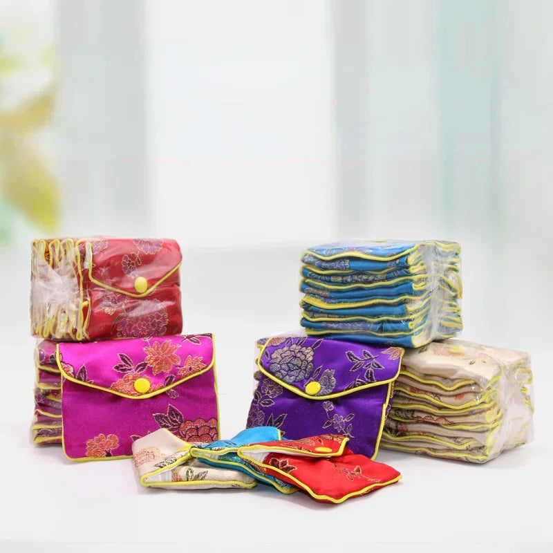 Hot High Quality Chinese Brocade Handmade Silk Embroidery Small Jewelry Gift Storage Pouch Bag Snap Case Satin Coin Purse 5pcs