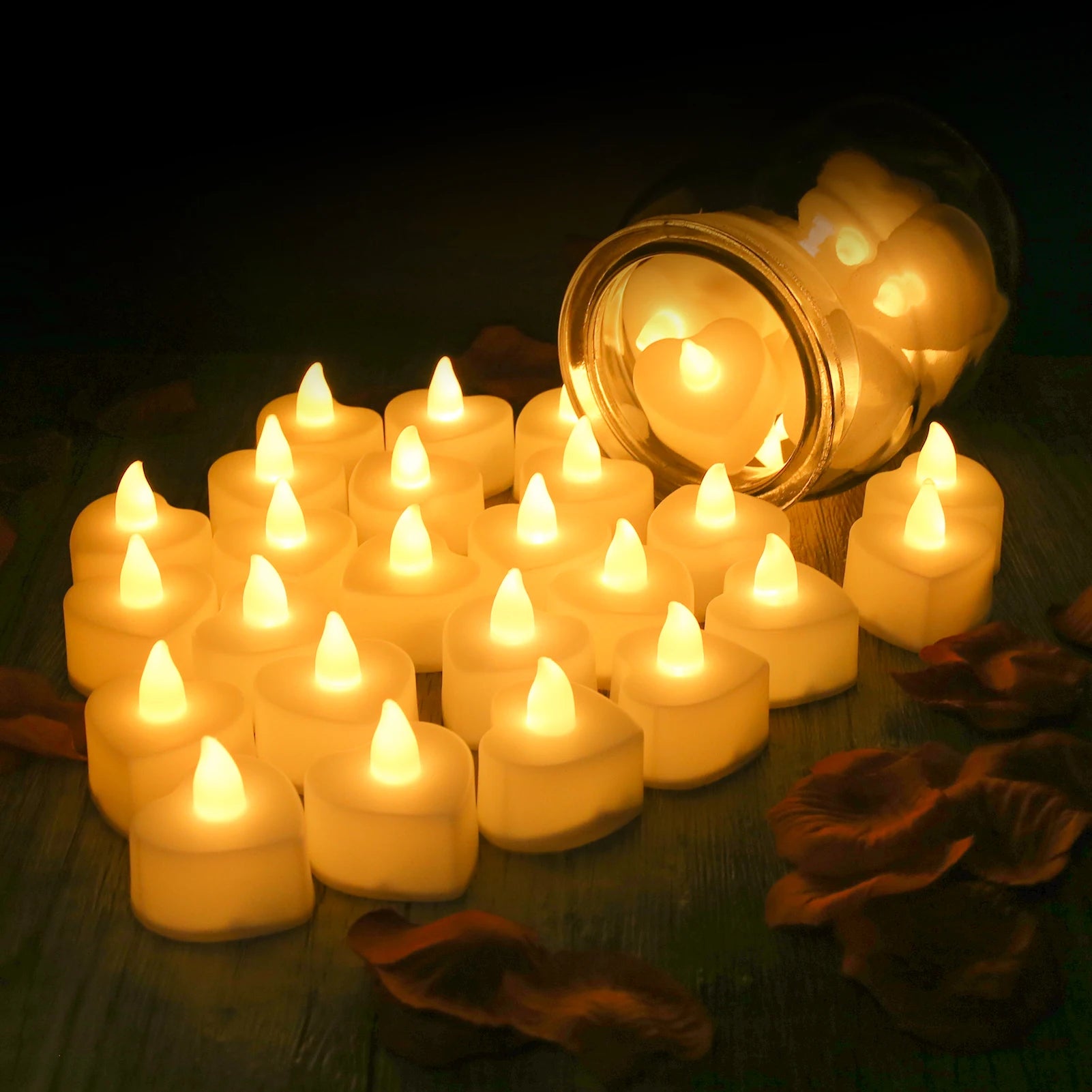 24/48 Pack Heart Shaped LED Tea Lights Candles with Artificial Rose Petals Romantic Night Decorations for Wedding Anniversary