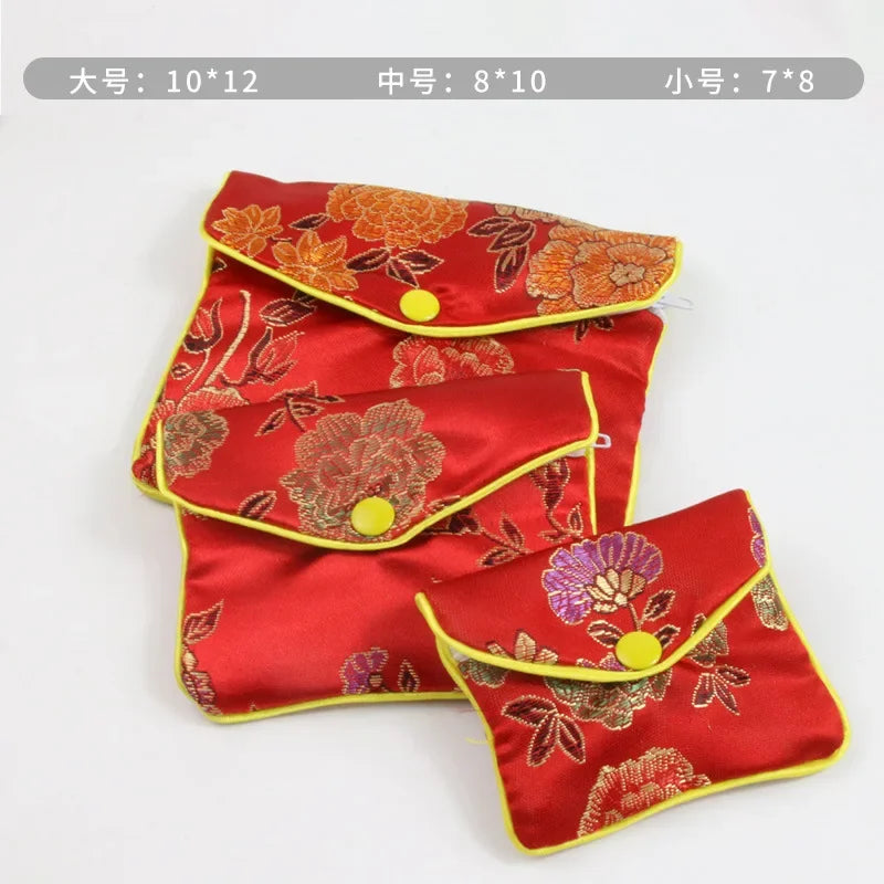 Hot High Quality Chinese Brocade Handmade Silk Embroidery Small Jewelry Gift Storage Pouch Bag Snap Case Satin Coin Purse 5pcs