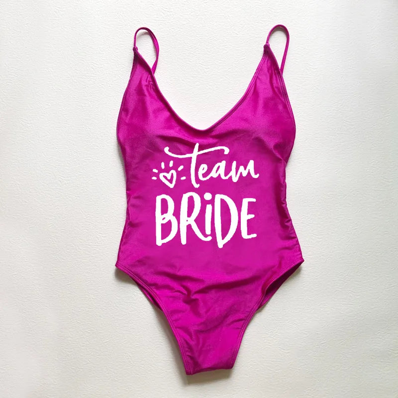 Sexy Padded Swimwear Women Team Bride Love Print One Piece Swimsuit Summer Bathing Suit Bachelor Party Beachwear backless bikini
