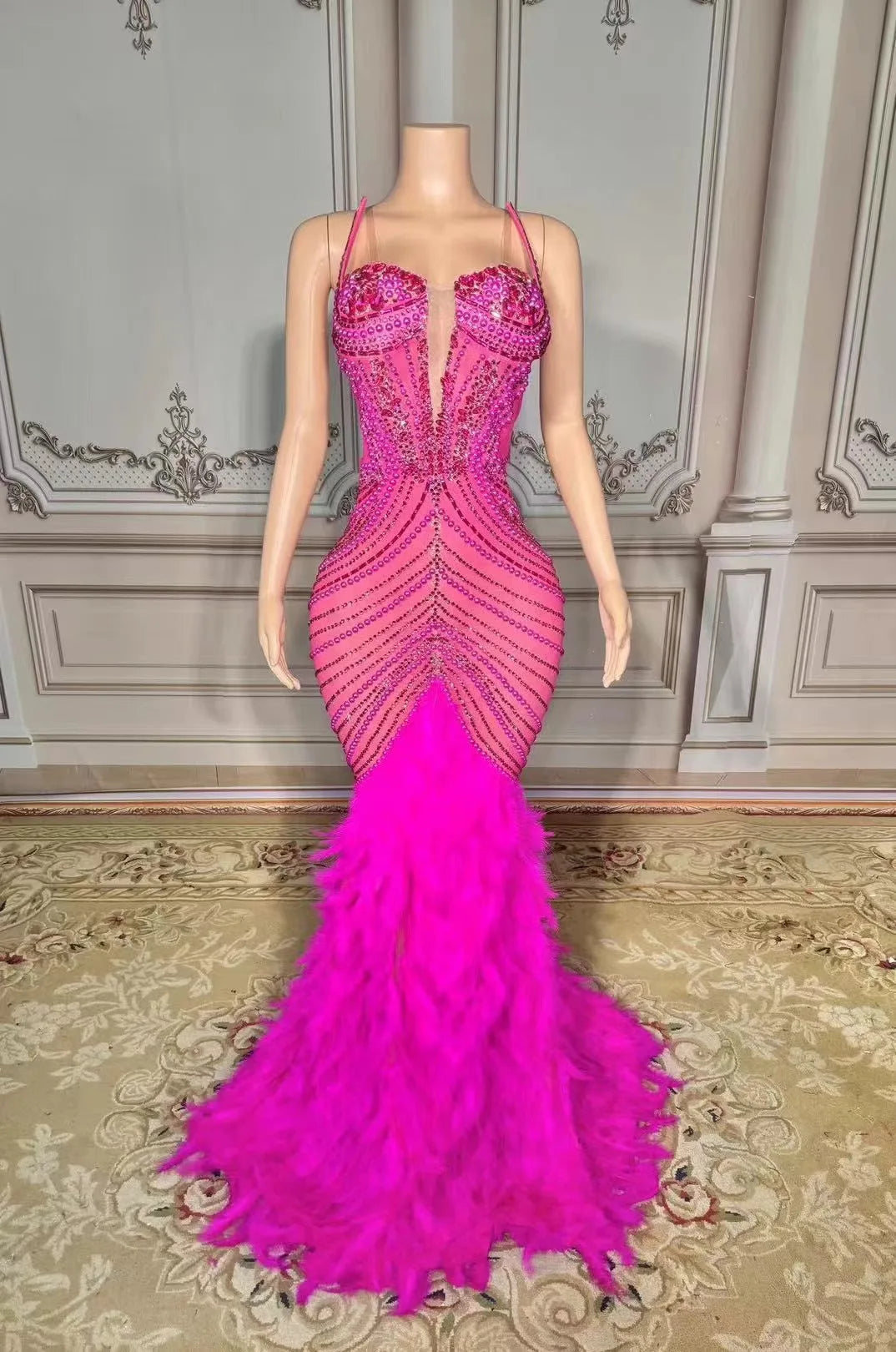 New Sparkly Rhinestones Pearls Floor-length Feathers Dress Women Birthday Celebrate Wedding Evening Prom Dress Photo Shoot Wear