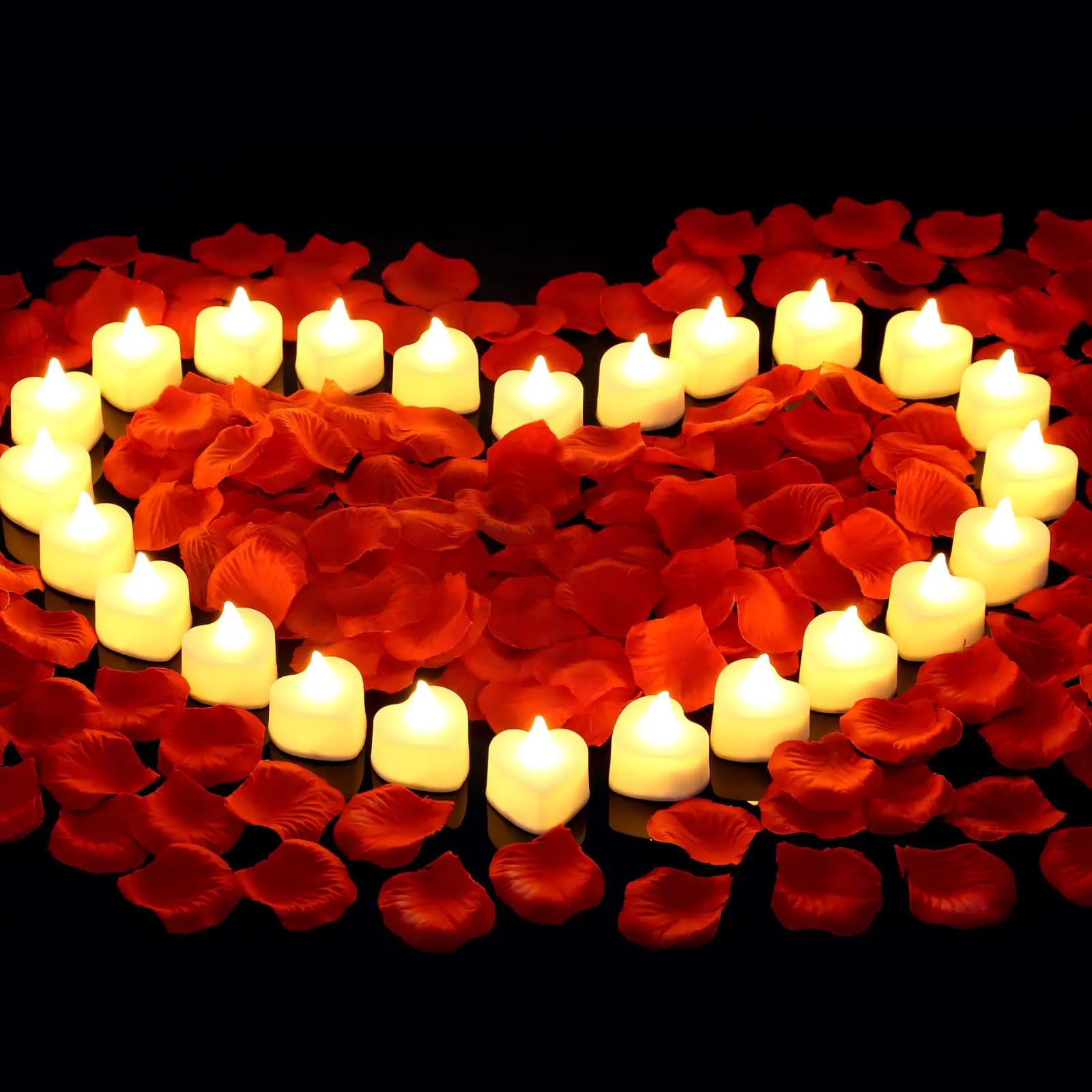24/48 Pack Heart Shaped LED Tea Lights Candles with Artificial Rose Petals Romantic Night Decorations for Wedding Anniversary