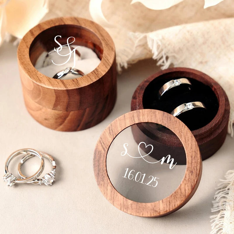 Personalized Wooden Wedding Ring Box with Clear Acrylic Cover, Custom Round Engagement Proposal Holder, Double Ring Bearer Box
