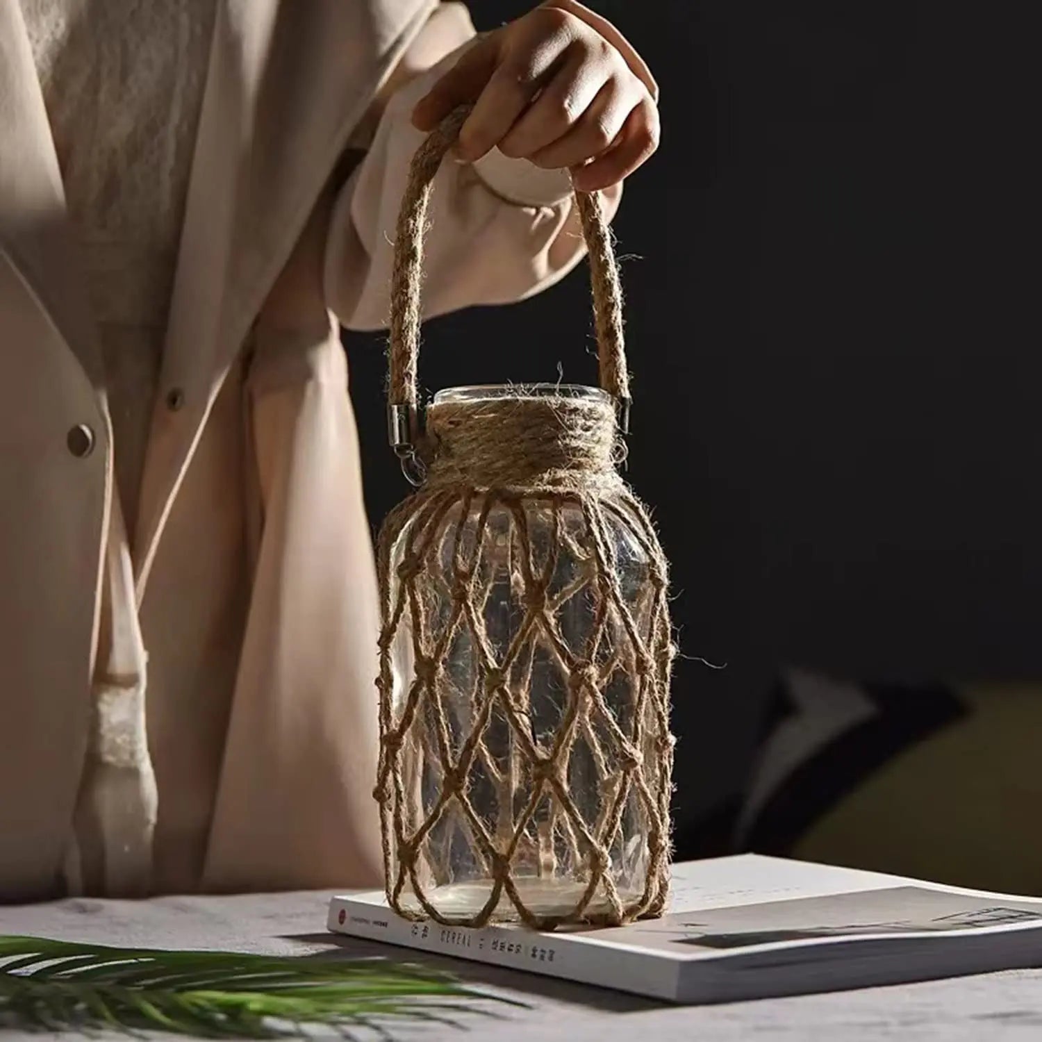 Hand Woven Hemp Rope Glass Vase Dry Flower Decor Art Glass Vase Nordic Living Room Table Decoration Bedroom Boho Home Decoration