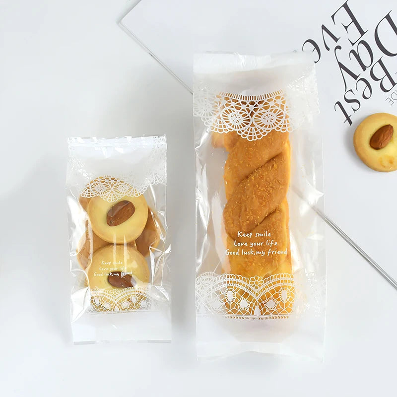 50Pcs White Lace Cookie Biscuit Bag Clear Candy Snack Wrap Bag Wedding Birthday Party Supplies Christmas Gift Baking Packaging